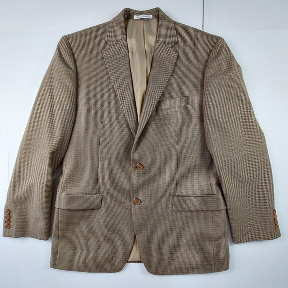 Lauren Ralph Lauren Suit Jacket Mens 40R Houndstooth Brown Blue 2 Button Front - Picture 1 of 9